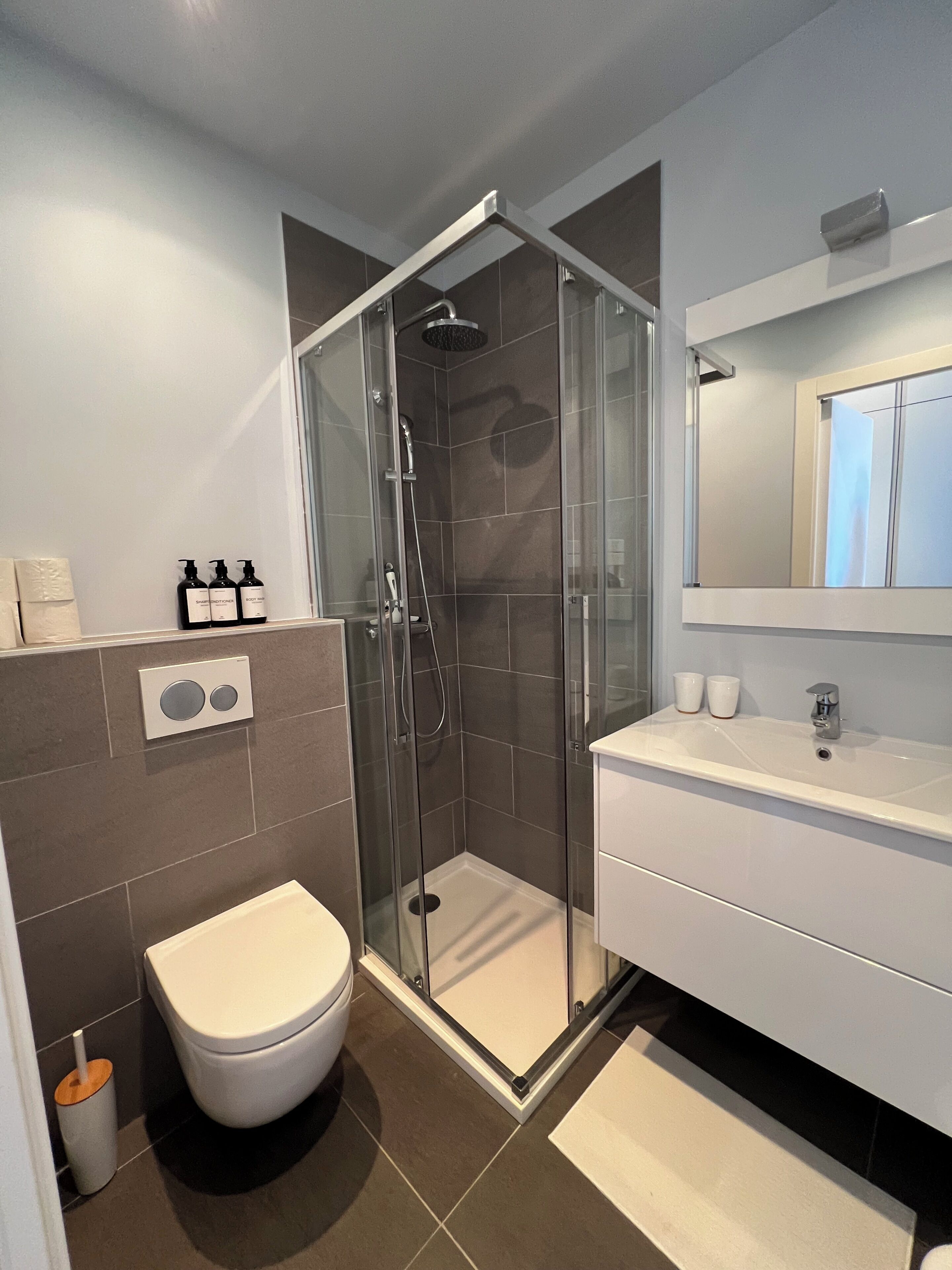 Ein modernes Badezimmer mit einer Duschkabine, Toilette, Waschtisch mit Spiegel und einem weißen Waschbecken.