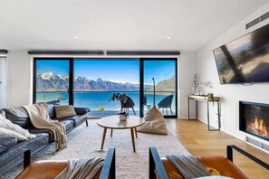 TV, fireplace, books