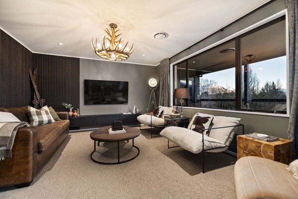 TV, fireplace, books