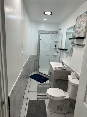 Shower, hair dryer, towels, soap