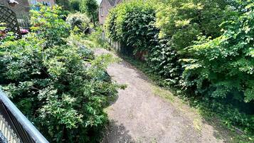 A narrow, unpaved path flanked by dense greenery and a brick building in the background.