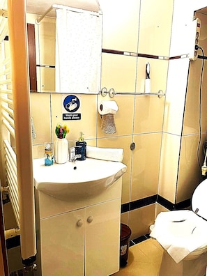 Regadera, toallas, jabón, papel de baño