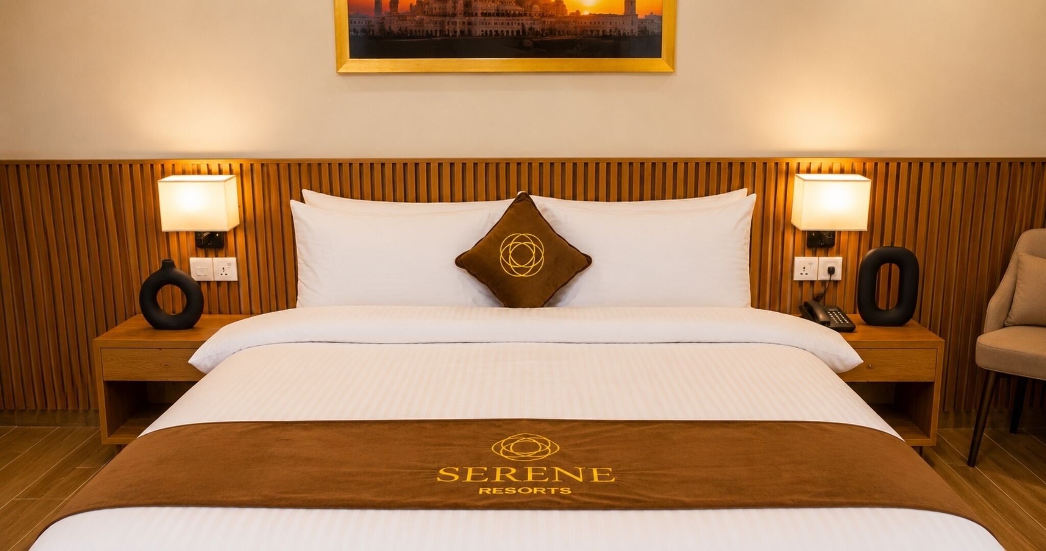 Una habitación de hotel con cama, dos mesitas de noche, una lámpara, una silla y un cuadro en la pared.