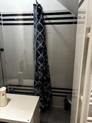 Douche, sĂšche-cheveux, savon, papier toilette