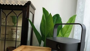 A black portable speaker on a wooden table with a lace tablecloth, a glass vase with flowers, and a green plant in the background.
