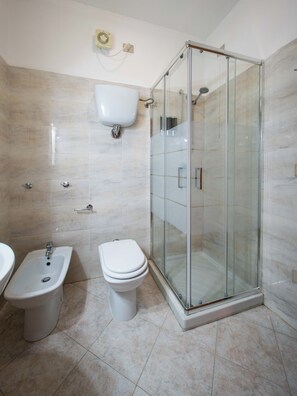 Regadera, secadora de cabello, bidet, toallas