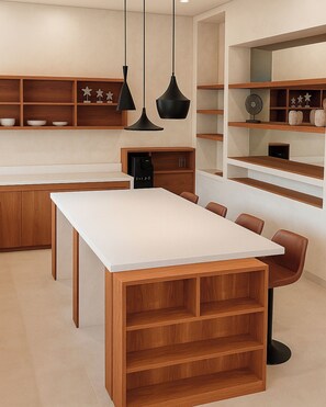 Vila premium, varanda, vista para o jardim | Sala de jantar