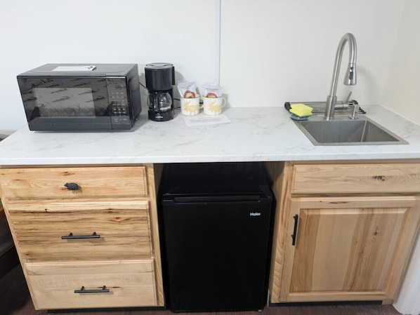 Fridge, microwave, coffee/tea maker