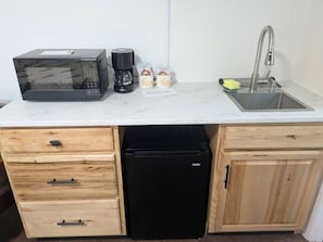 Fridge, microwave, coffee/tea maker