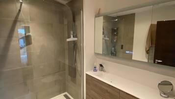 Hair dryer, towels, soap, toilet paper