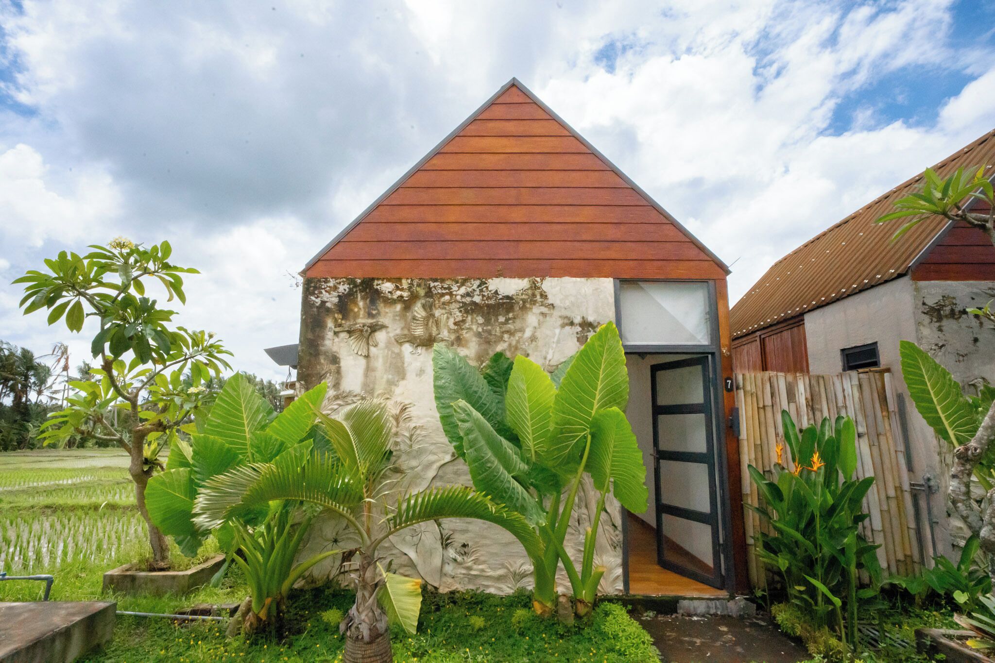 Un pequeño edificio rústico con techo de madera y una puerta, rodeado de abundante vegetación y un campo de arroz al fondo.