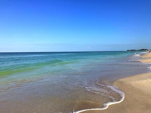 A beach with clear blue water and a sandy shore. - Foxtail Palm: Steps from the beach (Holmes Beach)