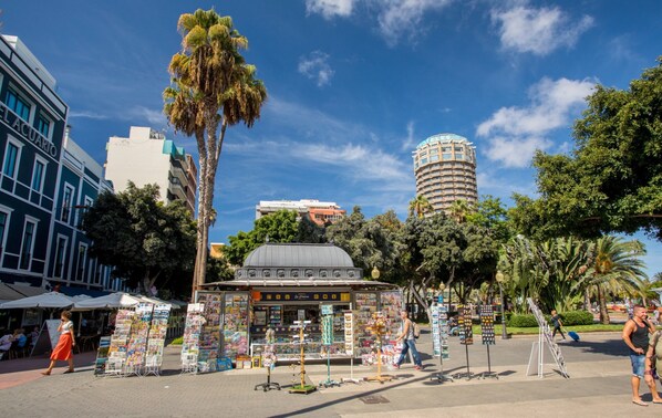 A street scene with a kiosk selling postcards and a palm tree. - Seaside Apartment Near Playa Confital (Las Palmas de Gran Canaria)