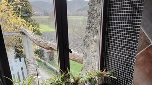 Une salle de bain avec une baignoire, des plantes en pot sur le rebord de la fenêtre et une vue sur un paysage rural.