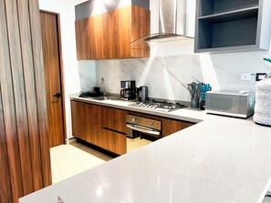 Deluxe Apartment | Private kitchen | Fridge, microwave, oven, stovetop