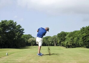 Un campo de golf con cielo despejado, abundante vegetación y un golfista en pleno swing.