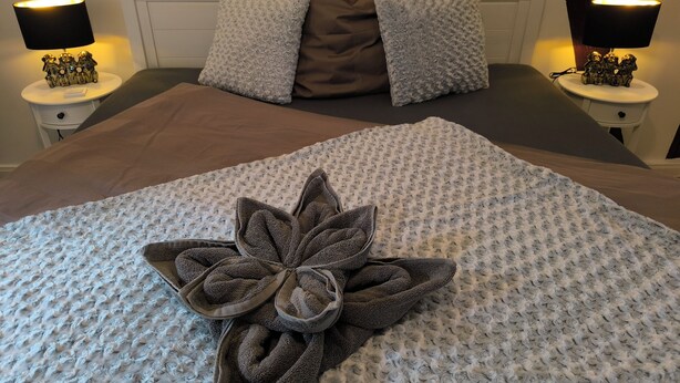 Een net opgemaakt bed met een decoratief handdoekenarrangement, twee bedlampen en een hoofdbord met kussens.