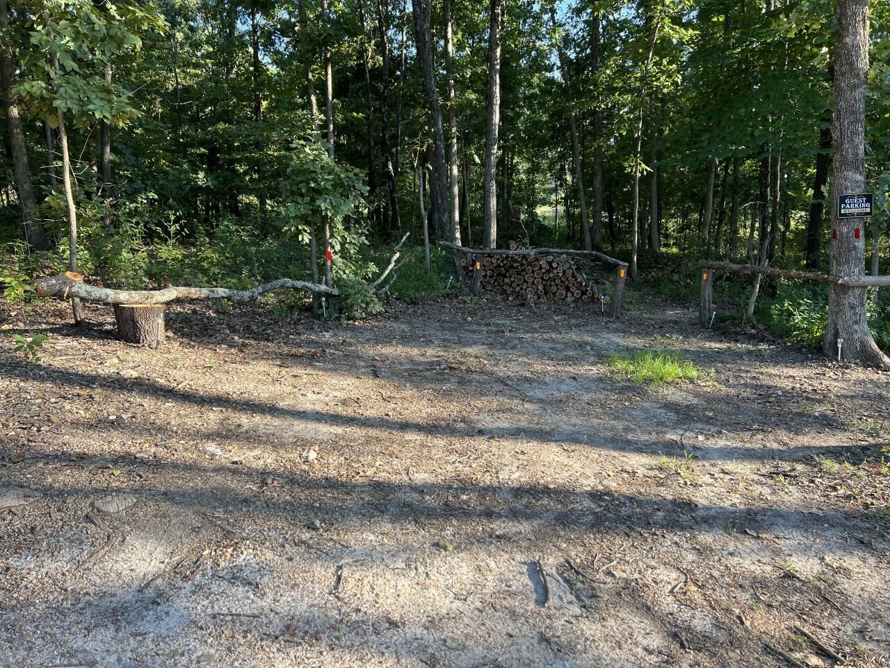 Une zone boisée avec un sentier de terre, une pile de bois de chauffage et un panneau indiquant « PARKING POUR LES VISITEURS ».