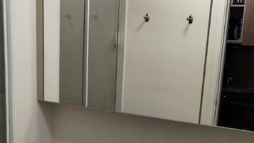 Secador de cabelo, toalhas de banho, papel higiênico