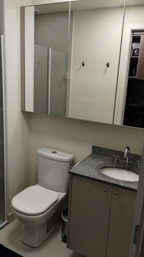 Secador de cabelo, toalhas de banho, papel higiênico