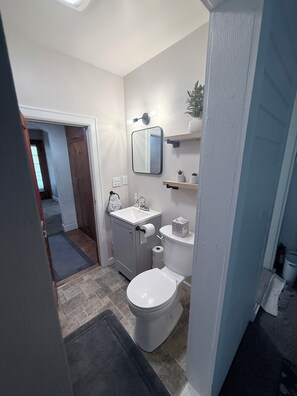 Hair dryer, towels, toilet paper