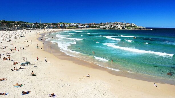 A beach with people sunbathing and swimming, a clear blue sky, and buildings in the background. - Stylish Studio with Rooftop Harbour Views (Darling Point)