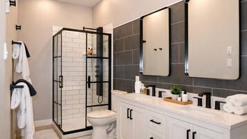 Shower, hair dryer, shampoo