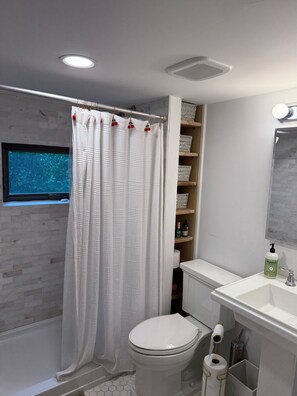 Shower, hair dryer, towels, soap