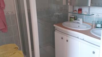 Hair dryer, towels, soap, toilet paper