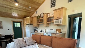 Una habitación acogedora con cama, sofá, techo de madera, zona de cocina y puerta verde.