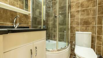 Shower, hair dryer, bidet, towels