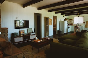 Smart TV, fireplace, books, stereo