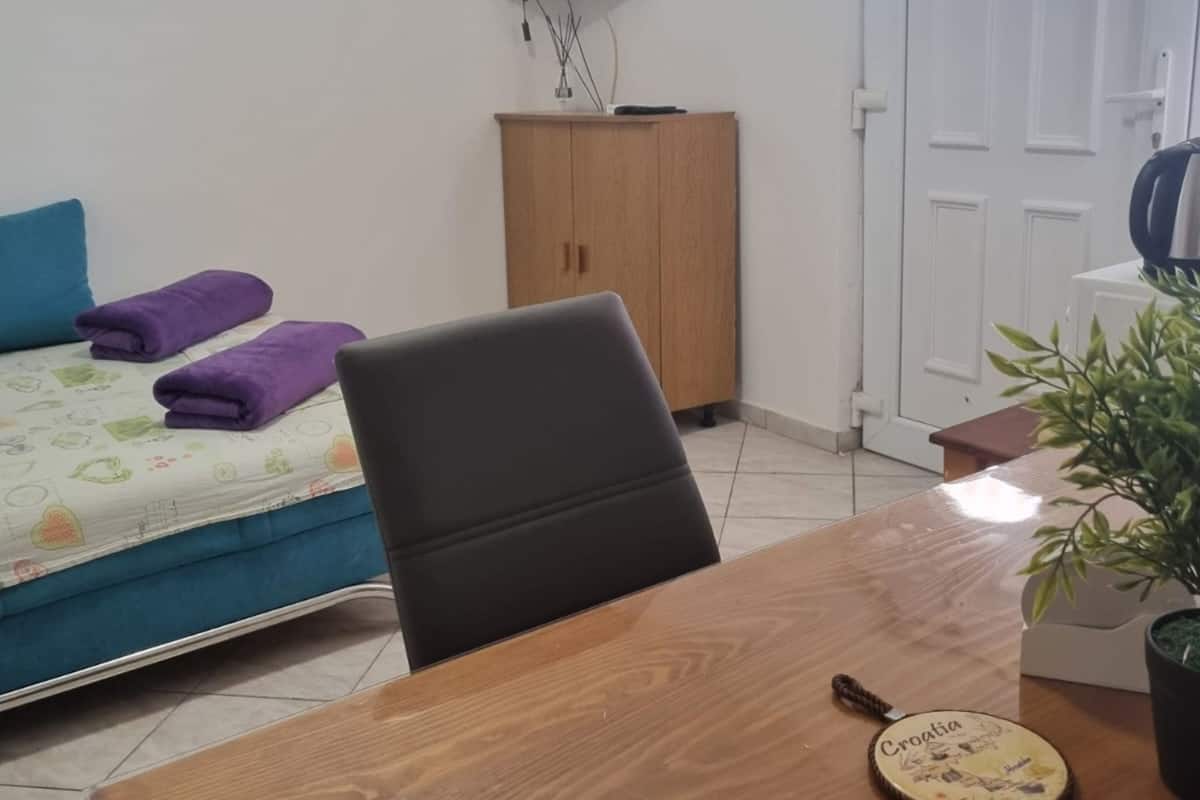 Une pièce comprenant un lit, une table en bois, une chaise, un petit meuble, un t éléviseur et une plante en pot.