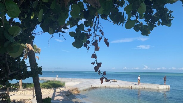 A beach with clear water, a concrete pier, and two people fishing.