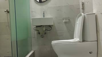 Shower, towels, toilet paper