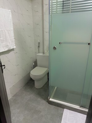 Shower, towels, toilet paper