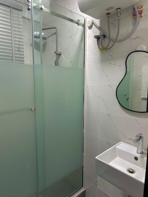 Shower, towels, toilet paper