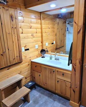 Shower, hair dryer, towels, toilet paper