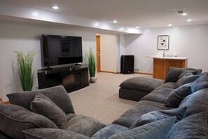 Smart TV, fireplace, video games, table football