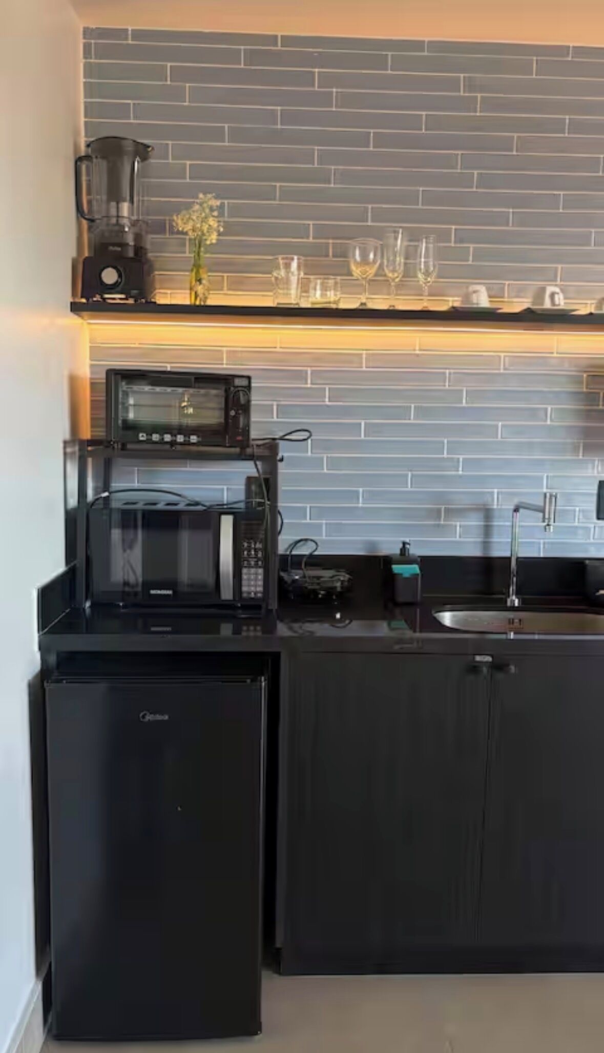 Frigorífico, microondas, horno y placa de cocina