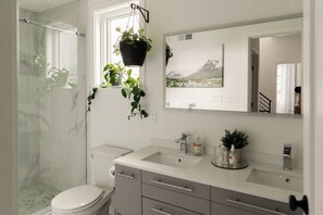 Hair dryer, towels, soap, toilet paper