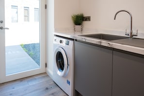 A laundry area with a washing machine, a sink, and a potted plant.