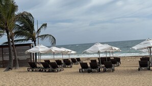 A beach with rows of sun loungers and white umbrellas, palm trees, and the ocean in the background. - Gorgeous,  Resort Style Apartment Across Hard Rock Hotel & Casino, Punta Cana (Punta Cana)