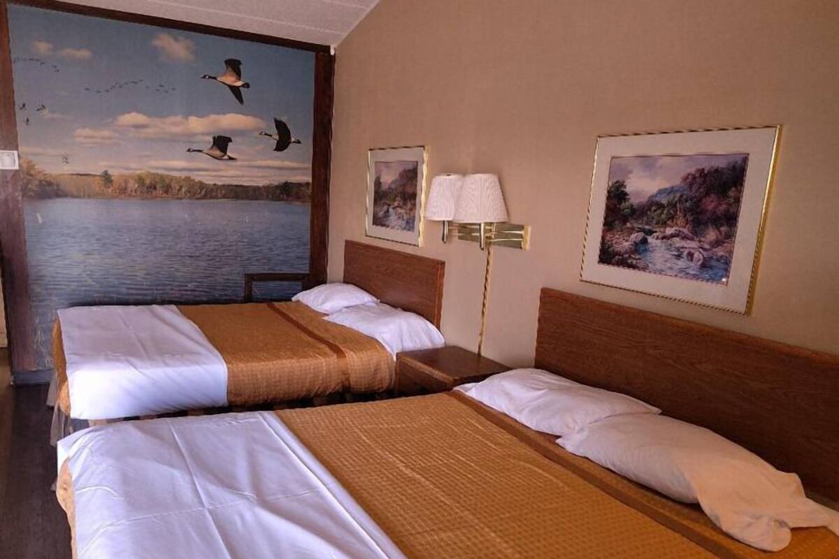 A hotel room with two beds, a painting of birds flying over water, and a lamp.