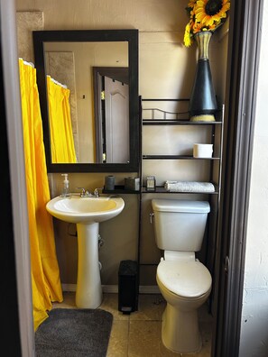 Regadera, toallas, jabón, papel de baño