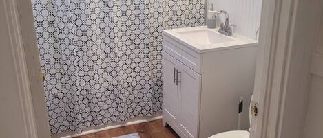 Hair dryer, towels, soap, toilet paper