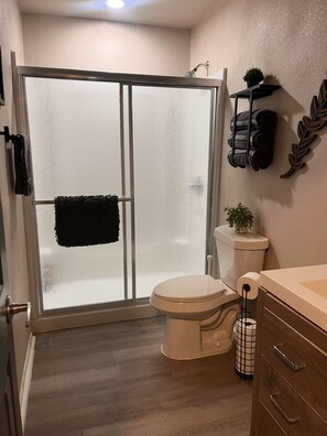 Shower, towels, soap, toilet paper