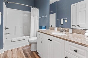 Hair dryer, towels, soap, toilet paper