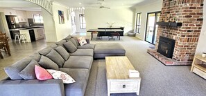 Smart TV, fireplace, foosball, table tennis