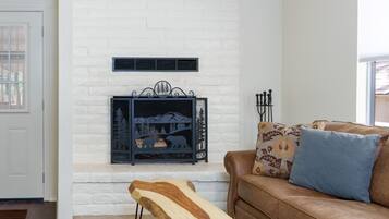 Smart TV, fireplace, books